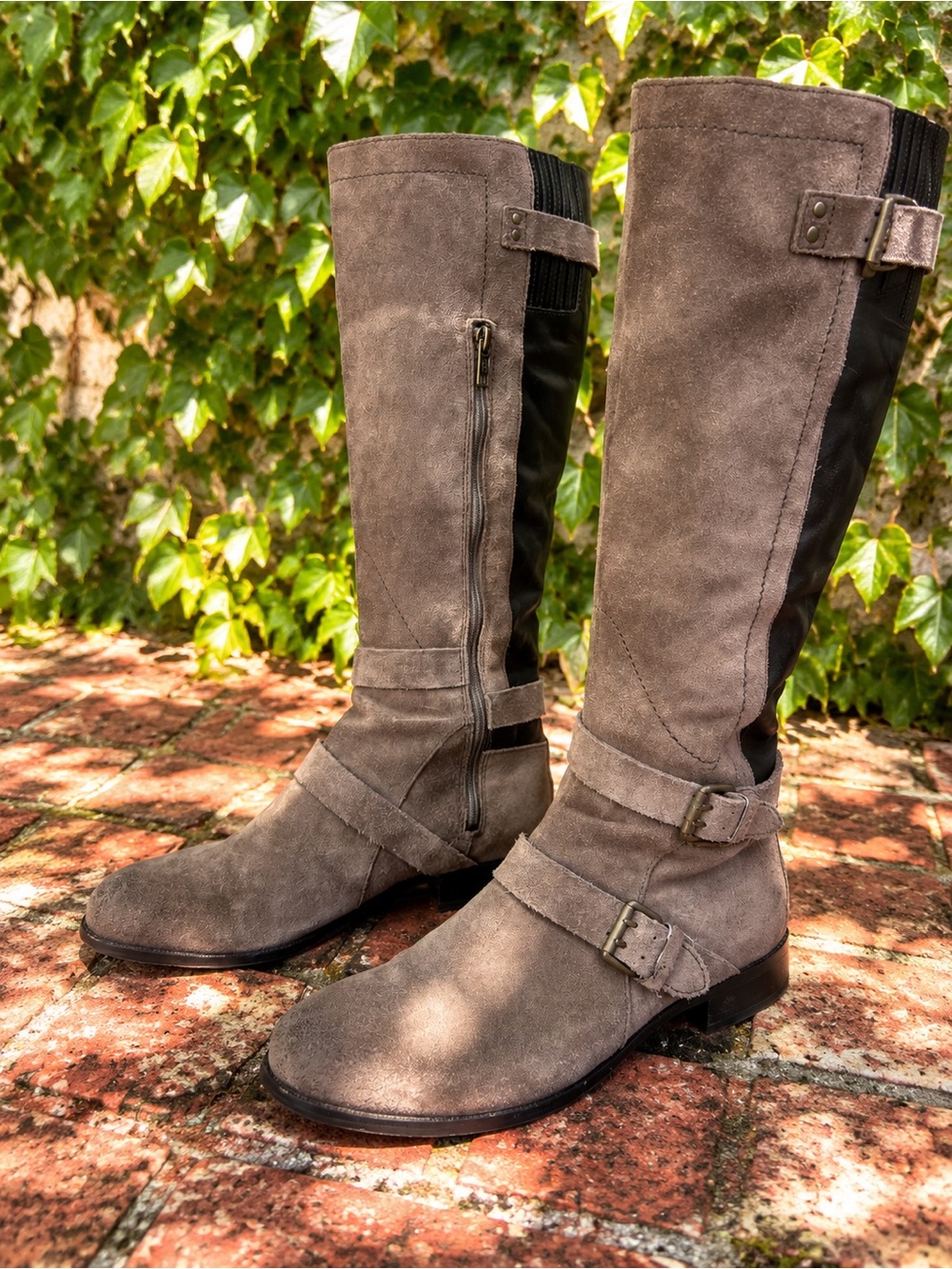 UGG Cyndee Taupe Leather and Suede Shearling Lined Riding Boots, 7